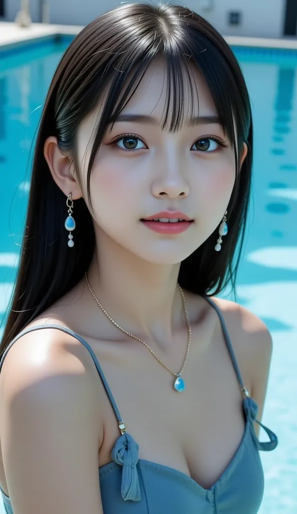 real image like the photo、８ｋ、Municipal pool、background、 Suspended Eyes、women with innocent expressions that leave the vibe of a girl、 black hair、straight hair、blue eyeshadow、Cheek、lipstick、mascara、eyebrow、school swimsuit、Full Body Accessories、