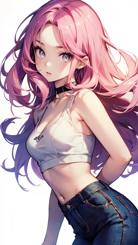 (masterpiece, best quality:1.4), official art, absurdres, vivid colors, looking at viewer, girl, asian , long pink hair, beautiful eyes, tight crop top, tight pants, choker, navel, slender, big breasts, cleavage, (arch back), small head, sharp focus, dynam...