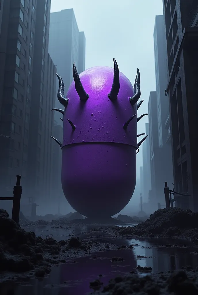 A purple pills with horns in a dark city 