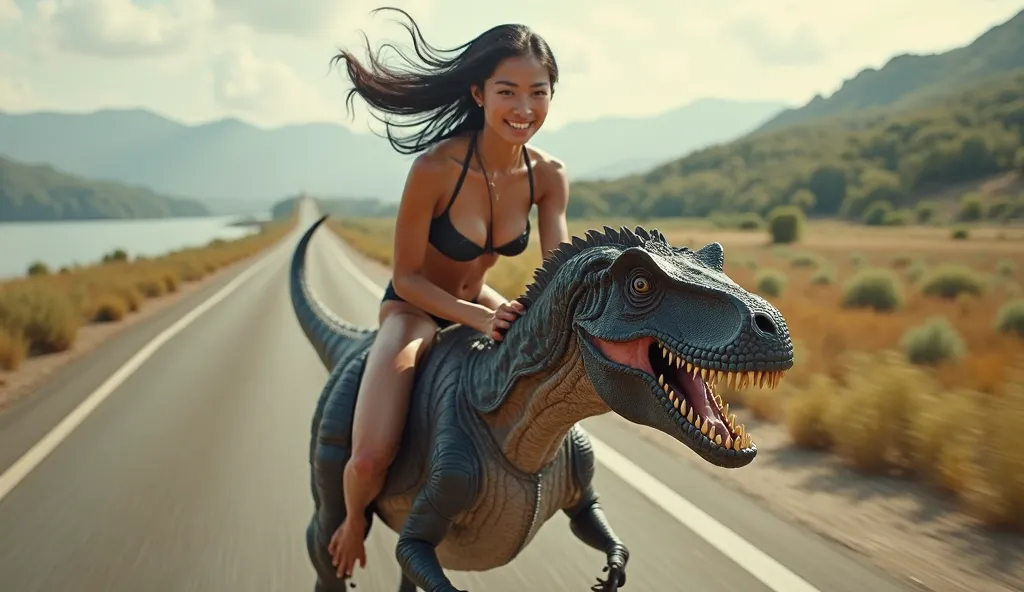  lots of details  ,　beautiful girl riding on the back of a velociraptor,  Sexy Bikini Armor , (Low body weight), 20 years old,  Detailed Black Hair ,  beautiful detailed hair, So beautiful, Delicate and beautiful face, complex, beautiful, delicate eyes, pe...