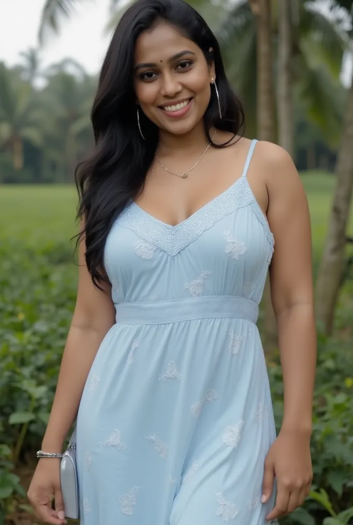 kerala female reshma. Reshma is curvy  shaped.reshma is slim sized body. perfectly fit body figure with milf hanging  breast and indian fair skin tone and black hair.wearing white somethings printed pale blue soft transparent night gown in outdoor.Standing...