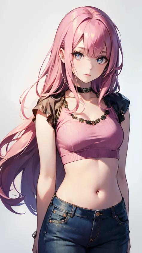 (masterpiece, best quality:1.4), official art, absurdres, vivid colors, looking at viewer, girl, asian , long pink hair, beautiful eyes, tight crop top, tight pants, choker, navel, slender, big breasts, cleavage, (arch back), small head, sharp focus, dynam...