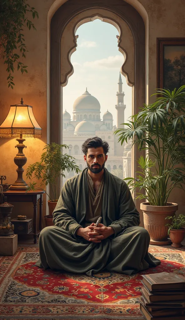 A muslim handsome poet in Baghdad, young-aged man with sharp facial features, serene expression, elegant robe, holding a quill pen, sitting cross-legged on a Persian rug, surrounded by ornate lamps, antique books, and potted plants, in a cozy interior with...