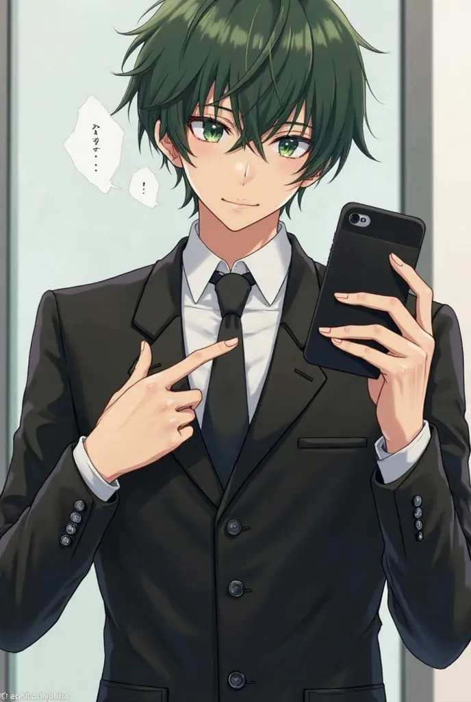 ( masterpiece, best quality, highres:1.3)
 A 25-year- man wearing a black suit like a businessman with greenish black hair, holding a cell phone and pointing at the phone as if saying welcome, with a slight smile.