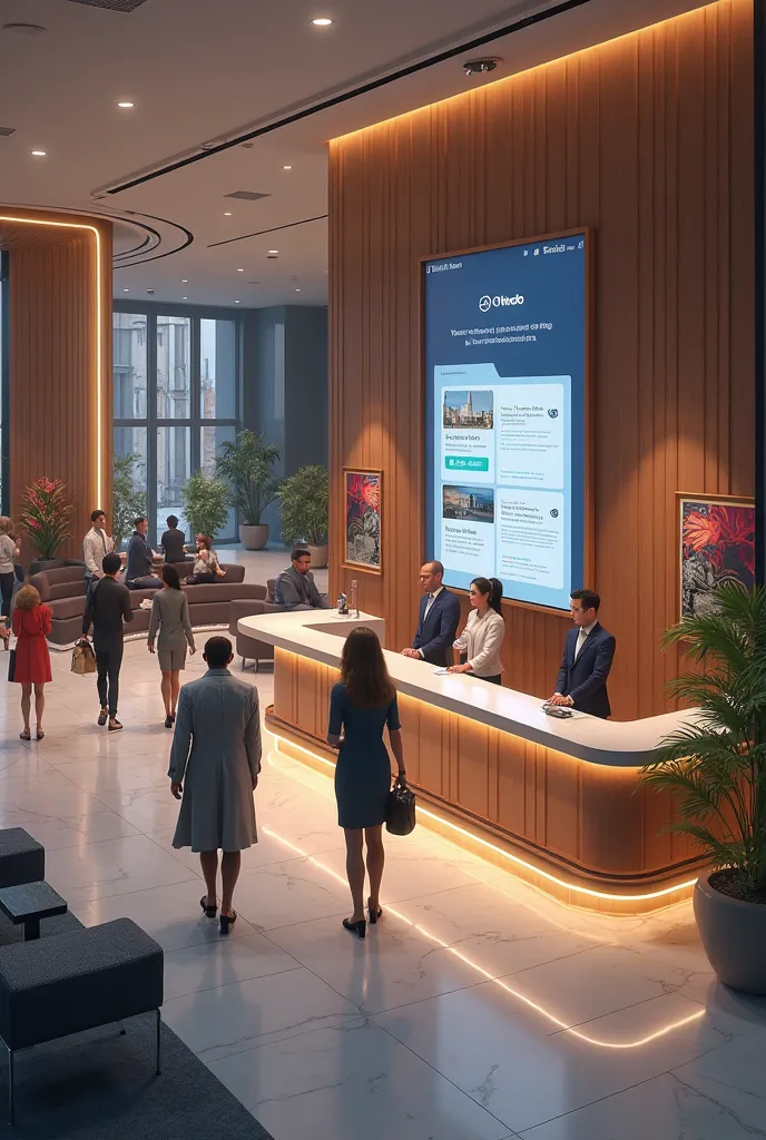 A modern and stylish hotel reception with guests arriving and interacting with the front desk staff. The reception desk features a digital screen displaying the logo and interface of the 'Orbit Hub' application, emphasizing its hotel room booking functiona...