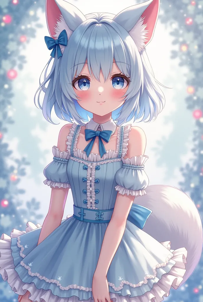 Women with light blue hair and small fox ears cute outfit pretty high quality anime style 