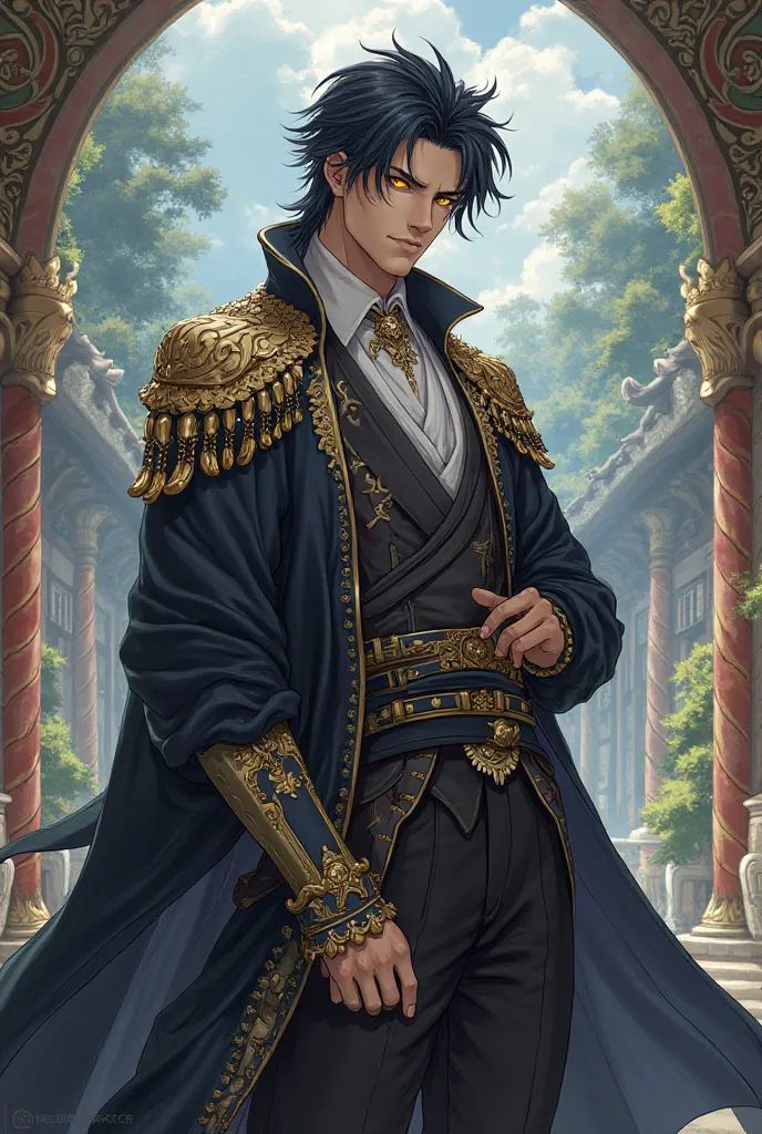 Male character from anime RPG.
black hair, yellow eyes, Serious, noble clothes