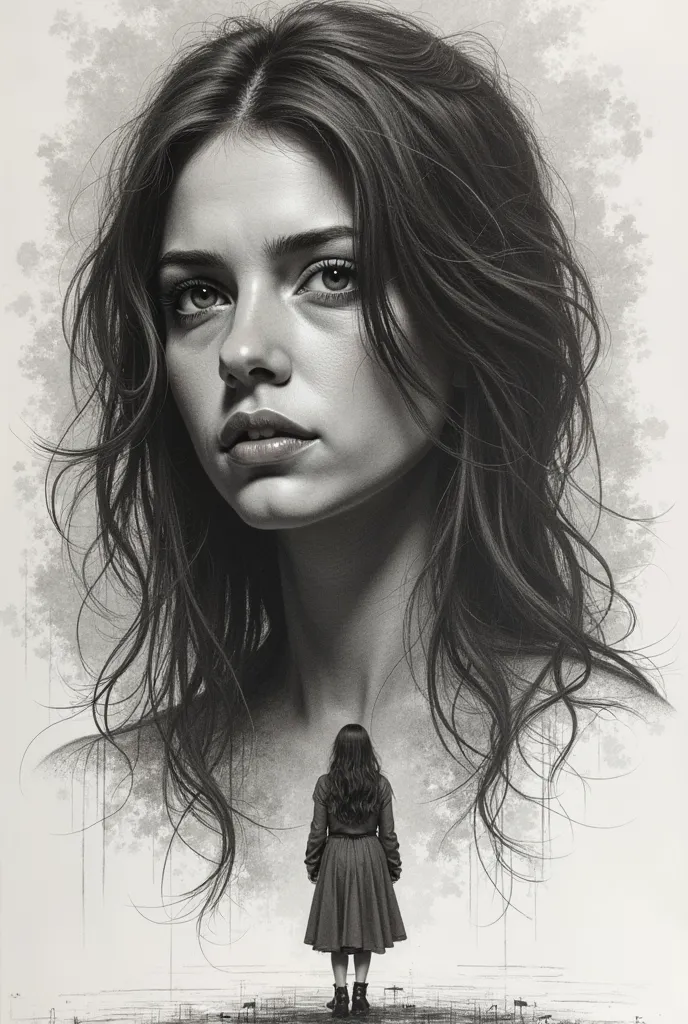 of a girl standing in front of a drawing of a man, an engraving inspired by the engraved image of Drew Struzan,  Pixabay trend , serial art, He drew Struzan. epic, He drew Struzan illustration art, He drew Struzan inspiration, He drew Struzan style art, He...