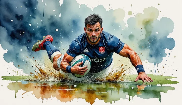 Jedwtclr, watercolor art, French rugby player scoring a try in the Aviva Stadium of Dublin sliding on the stomach and splashing through a mud puddle, holding rugby ball, heavy rain.