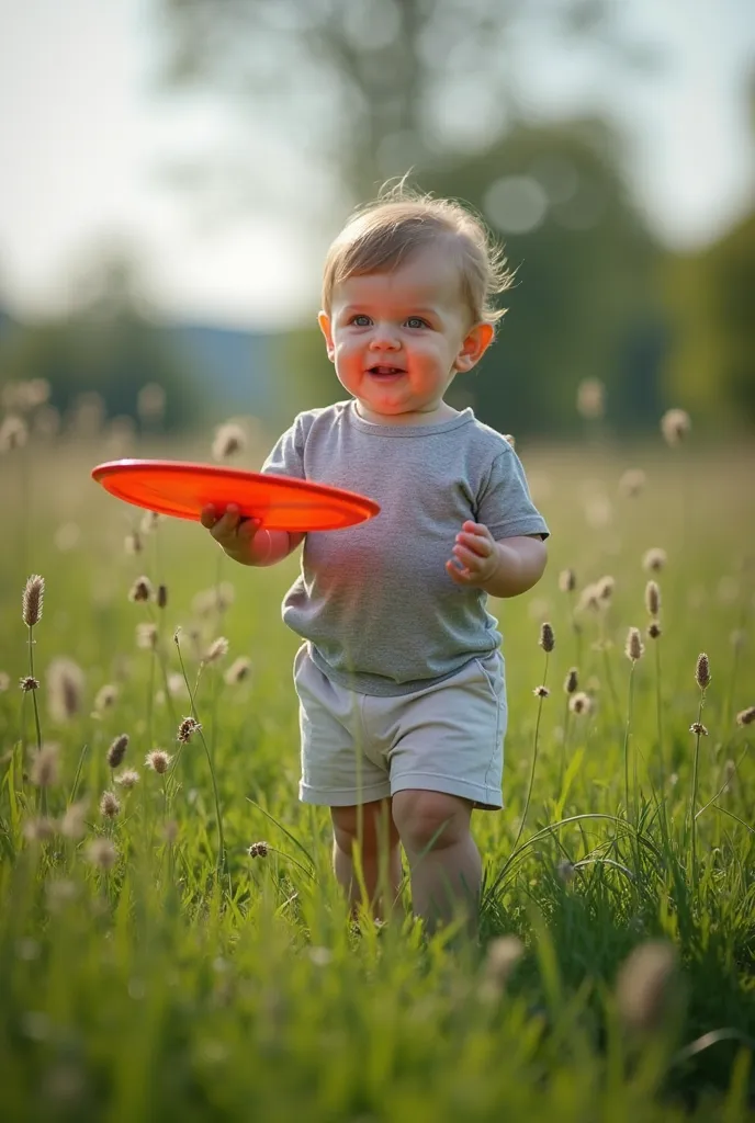 there is a baby that is standing in the grass with a frisbee, a picture by Július Jakoby, tumblr, tachisme, very very low quality picture, 2 , 2 , 2 , help me, 2 , he is about 3 0 years old, about 3 