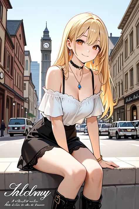 A digital illustration shoot from a front camera angle about a Japanese woman in her mid 20's sitting outside on a city street with a lustful expression, wearing a stylish outfit and jewelry. the image also shows a cityscape with buildings, a clock tower, ...