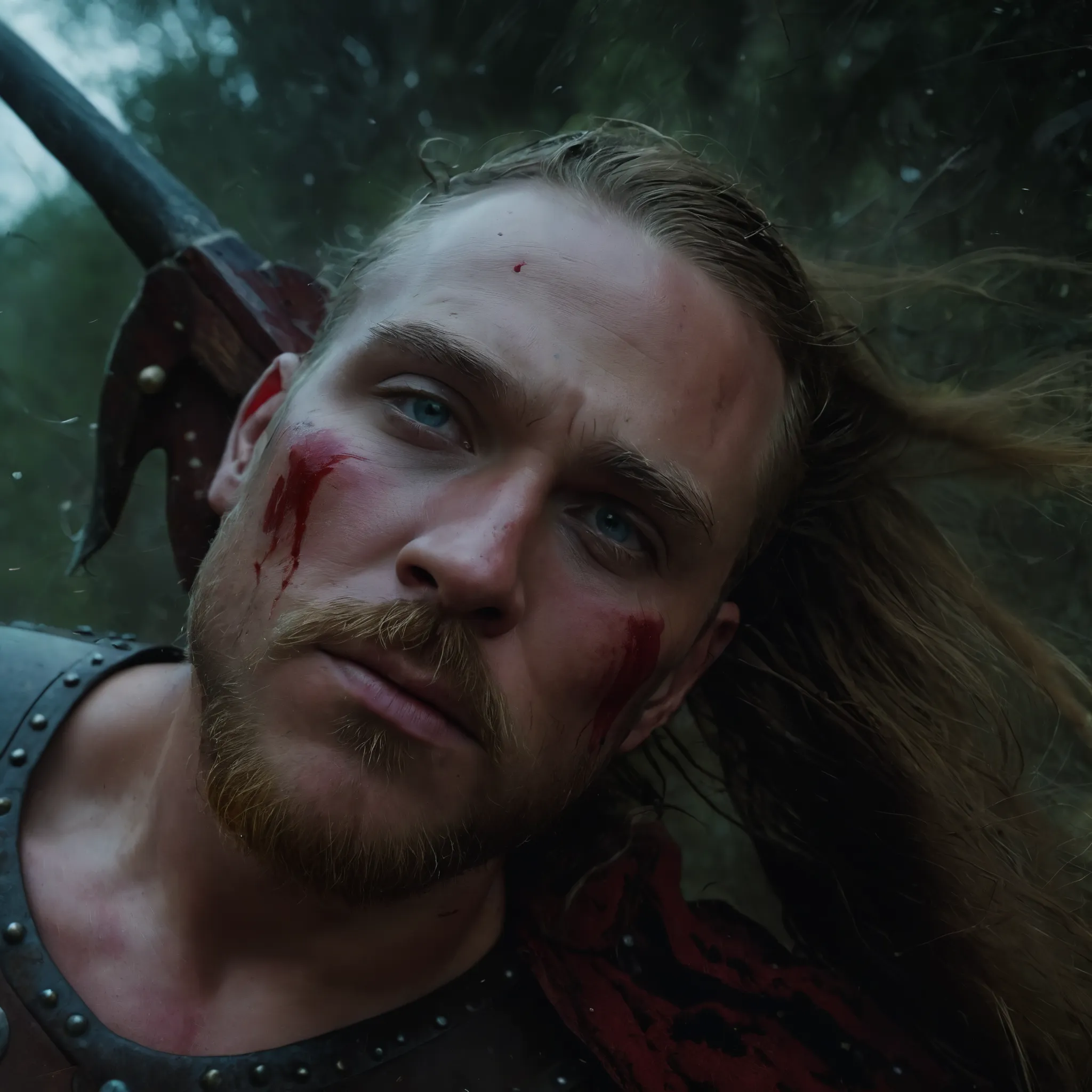 Cinematic movie still portrait of a male Viking warrior with warrior facial paints and blood, detailed eyes, reduced depth of field, vignette, blow job, high-budget Hollywood movie, cinemascope, melancholic nocturnal, epic, beautiful