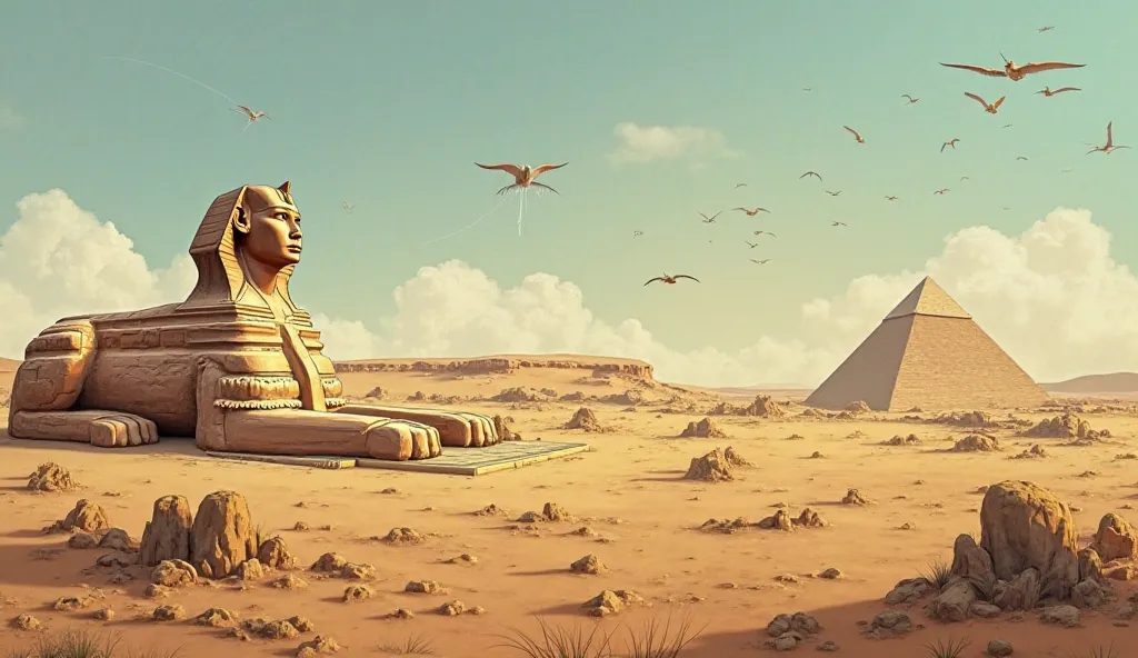 An artistic timeline showing the climate transformation of Egypt—from lush, rain-soaked plains thousands of years ago to the arid desert it is today, with the Great Sphinx remaining a silent witness."
