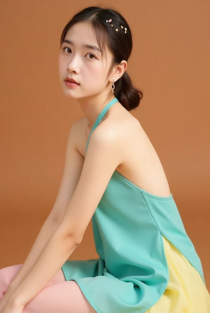 A young woman sits in a sideways position, looking towards the camera. Her hair is neatly tied back, adorned with small and delicate accessories. Her skin is smooth, and the natural light creates a soft effect on her face and body.She is wearing a turquois...