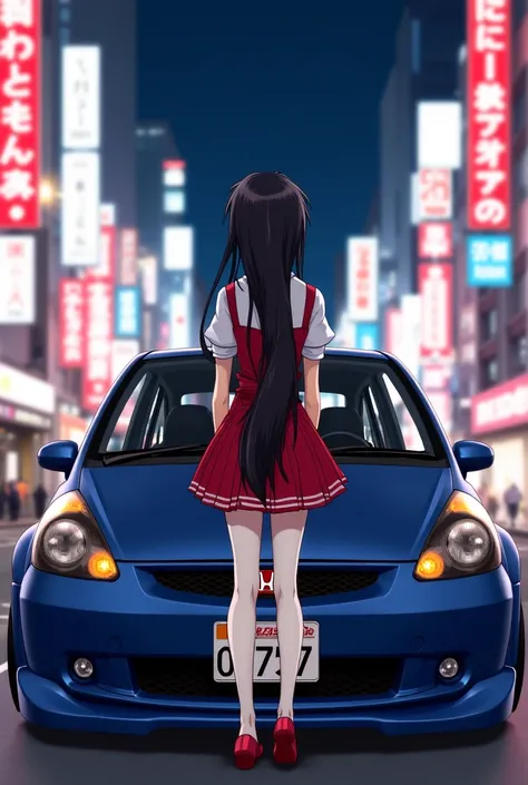   A cute long-haired anime girl with long black hair  , dressed as a samurai with white stockings , stands in front of a 2003 Honda Fit with a Mugen tuning kit and Japanese license plates 07kg757 against the backdrop of Tokyo's neon night signs