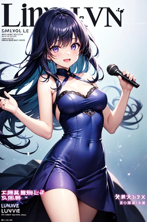 Create an image of a gravure photoshoot for a magazine cover, featuring a scene where a character is singing on stage. The character is a high school girl with long blackish-blue hair and purple eyes, wearing a blue dress and smiling.
(( magazine cover 、ti...