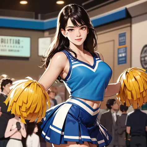 cheerleader , little smile, cheerleader , cheerleader uniform, ((( ))), ((( best quality))), (( breasts )), ( illustration ), (( extremely delicate and beautiful )),(  Bokeh effect , blurred background),(  best shade  ), 1 , whirl skirts, {{x}}, black hair...