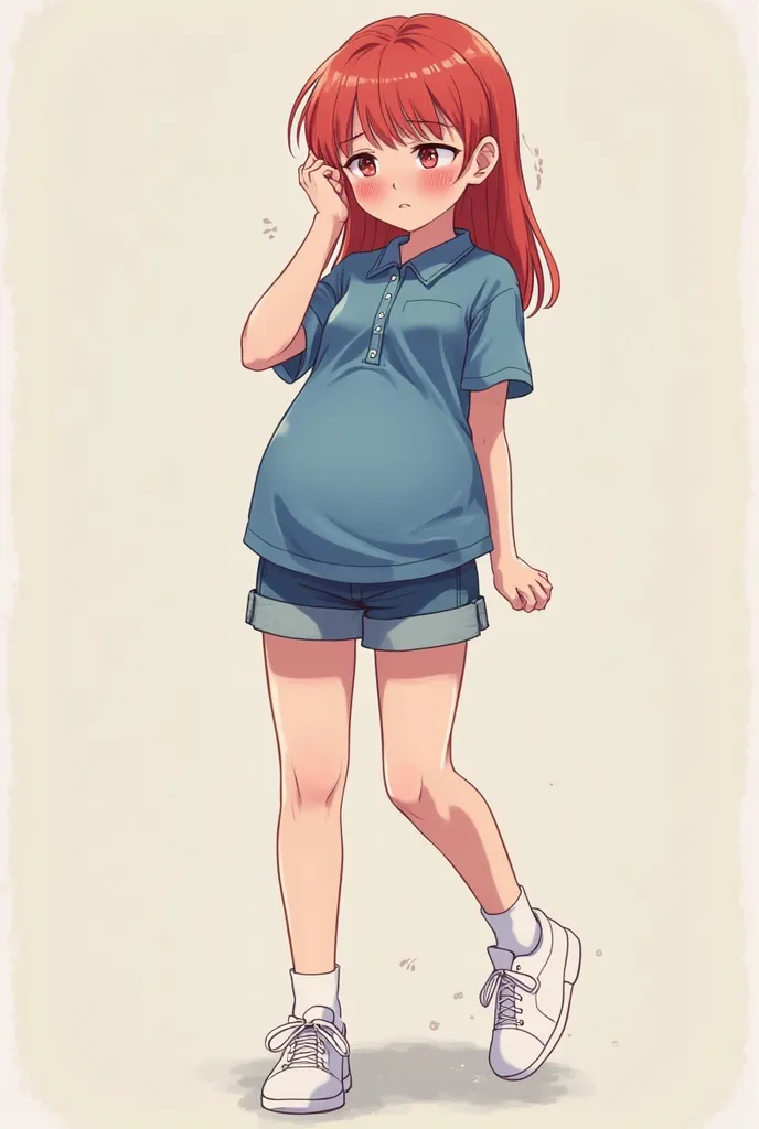 A FEMALE WOMAN standing with a lot of shame,  innocent style, a little belly, with a polo denim shirt, wearing a white dress sneaker, red hair, shameful facial expression, knee-length denim shorts, timid facial expression, Age , adolescent, 4K anime style,...