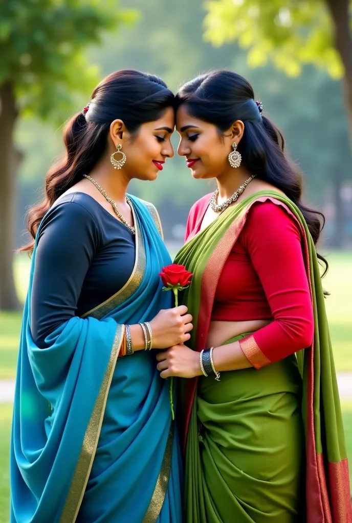 A 28 year old indian busty women wears blue Banaras saree with long sleeve charcoal blouse and other 28 year old busty women wears Green Banaras saree with Long sleeve red blouse and both kissing on forehead with Rose in hands in park ,High Quality, Realis...