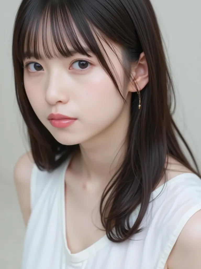 high resolution image of a young Japanese woman, realistic, photorealistic,  masterpiece, great quality, intricate details, professional lighting, alone, 1 girl ,  girl,  middle school student,  cute, idol, detailed face, mesmerizing faces even in the eyes...