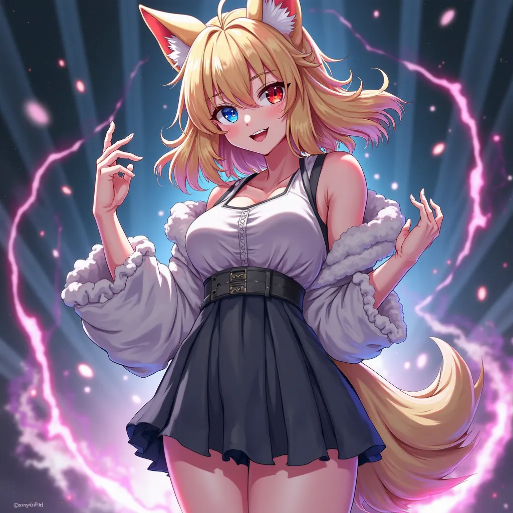 1girl, Solo, Breasts, Smile, 1 Blue eye, Blonde Hair, Red Eye,Bangs, Animal Ears, Fang,Masterpiece, Wolf Ears, Motion Lines, Anime, full-body,Big butt,standing