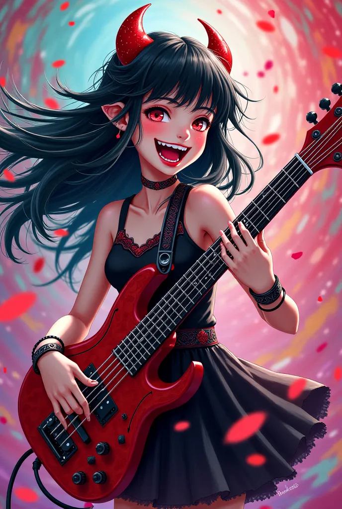 Vampire girl playing the bass guitar very happy in Japanese anime style 