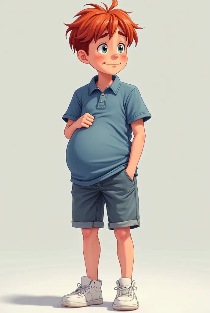 A MALE MAN standing with a lot of shame,  innocent style, a little belly, with a denim polo shirt, wearing a white dress sneaker, red hair, shameful facial expression, knee-length denim shorts, shy facial expression, Boy age , adolescent, estilo anime 4K, ...