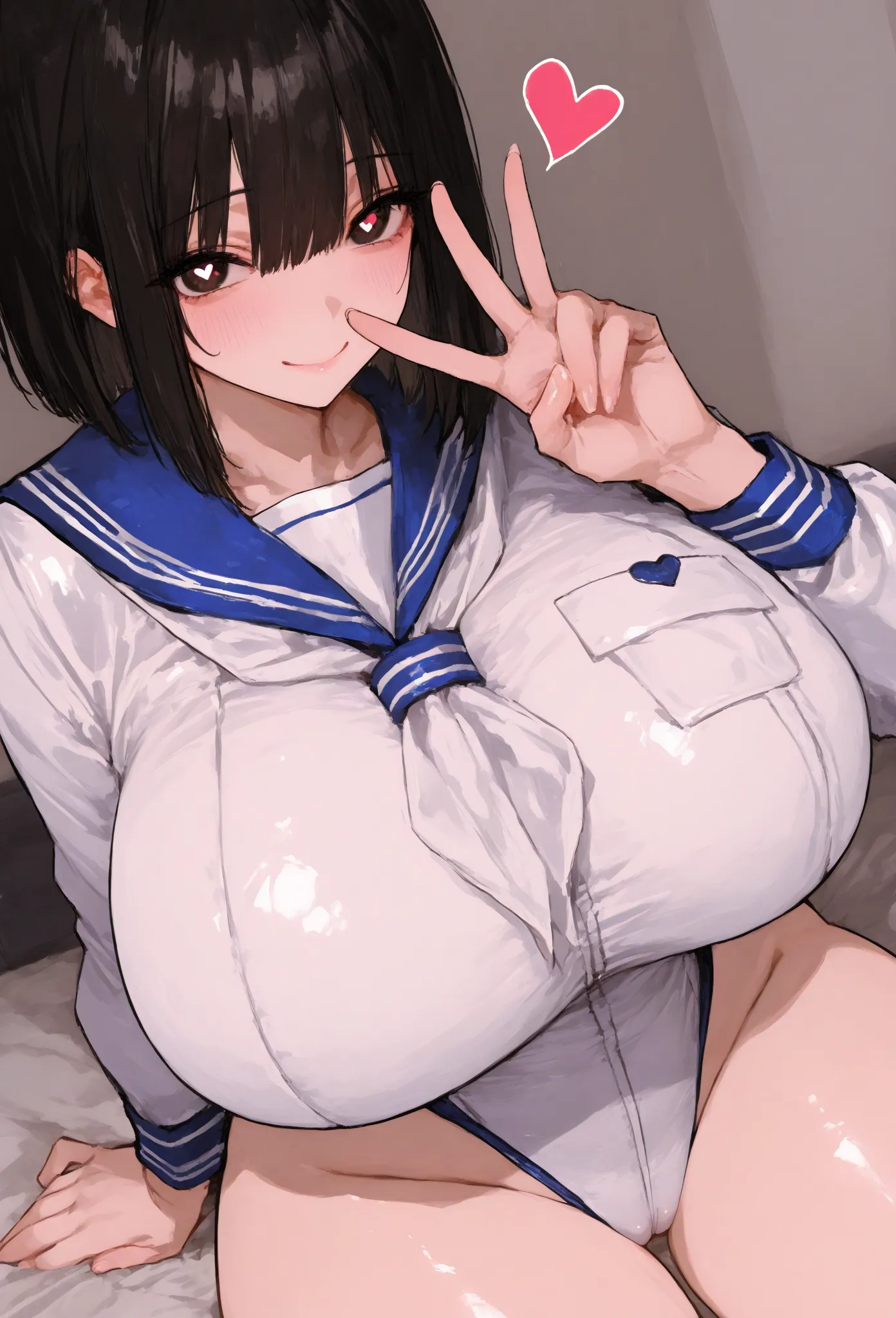 best quality, masterpiece,  748cm style , 1 girl, v Overeye, viewers, closed mouth, upper body, smile,, raise your hand,   ( sailor suit    )、  18 years old、masterpiece ,  black hair 、short hair、underbob in pussy   、      wide hips、 protruding thighs   ,  ...