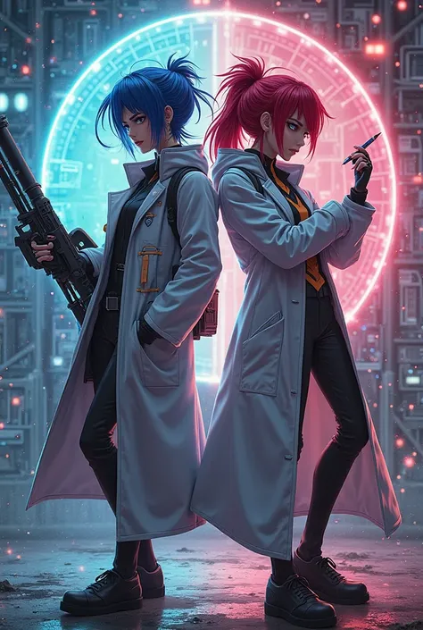 Jinx from arcane and makise kurisu from steins gate standing back to back doing the mad scientist pos