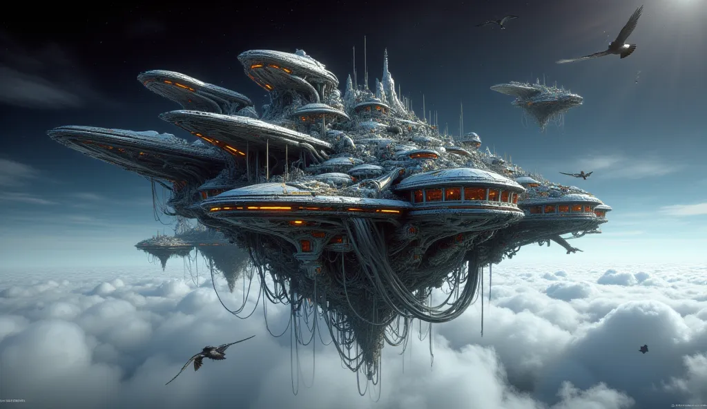 masterpiece、highest quality、futuristic floating city,It consists of very complex parts、Super Detail、 metallic texture 、light reflection、Intimidation、The little bird is circling gracefully、from below,dutch angle、dynamic composition、sea of clouds、Dark night ...