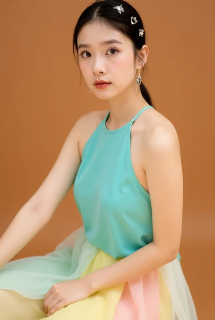 A young woman sits in a sideways position, looking towards the camera. Her hair is neatly tied back, adorned with small and delicate accessories. Her skin is smooth, and the natural light creates a soft effect on her face and body.She is wearing a turquois...