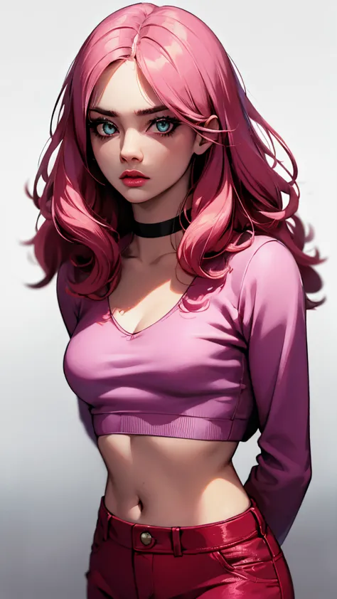 (masterpiece, best quality:1.4), official art, absurdres, vivid colors, looking at viewer, girl, asian , long pink hair, beautiful eyes, tight crop top, tight pants, choker, navel, slender, big breasts, cleavage, (arch back), small head, sharp focus, dynam...