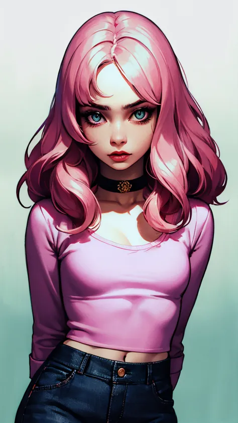 (masterpiece, best quality:1.4), official art, absurdres, vivid colors, looking at viewer, girl, asian , long pink hair, beautiful eyes, tight crop top, tight pants, choker, navel, slender, big breasts, cleavage, (arch back), small head, sharp focus, dynam...