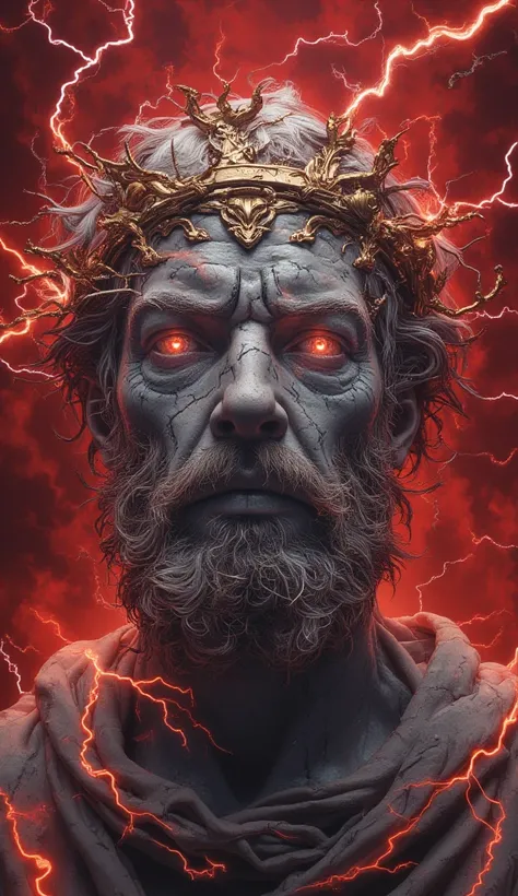 "A hyper-realistic digital painting of a classical Greek marble bust of Zeus, the King of the Gods. His once-majestic face is now overtaken by crackling black veins, pulsating with dark energy. His eyes glow with blinding white lightning, sending electric ...