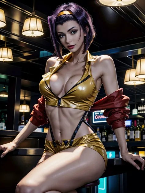 (masterpiece:1.2, best quality:1.2, beautiful, high quality, highres:1.1), detailed, extremely detailed, 4K, 1girl south asian, solo, pose, fayevalentine, yellow hairband, red jacket off shoulders, crop top, cleavage, purple hair, green eyes, seductive smi...