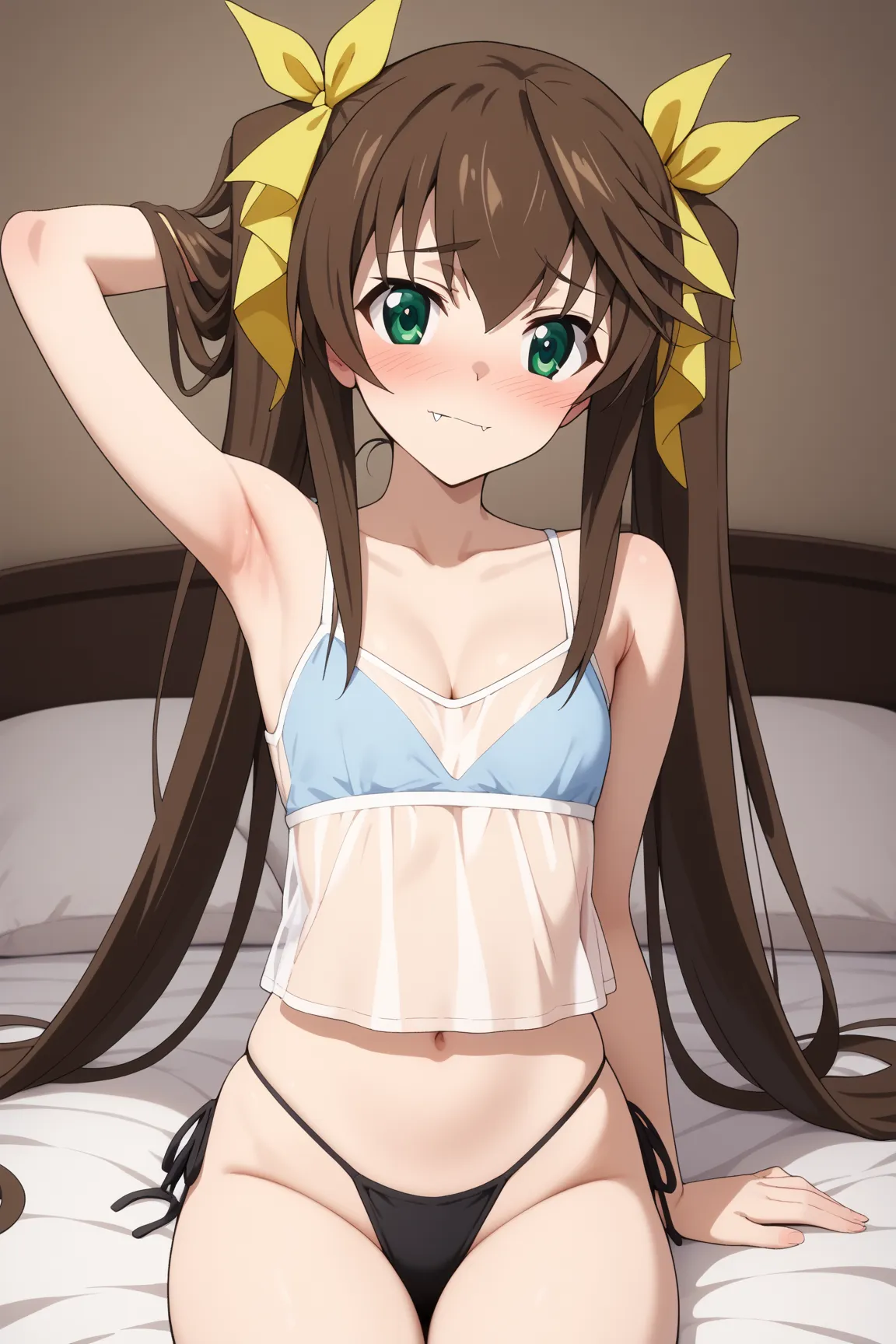 masterpiece,best quality,{{detailed beautiful face and eyes}}, very detailed background,
Lingyin Huang,{{{megami magazine}}},long hair,brown hair,twintails,hair ribbons,yellow ribbons,fang,green eyes,small breasts,
(black see-through camisole:1.2), cleavag...