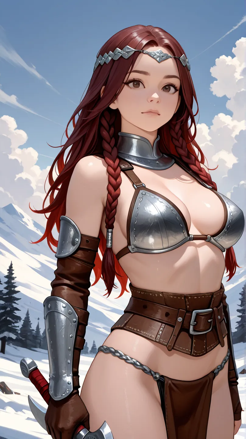  "decorated with intricate braids, in an epic and realistic scene. The first girl is tall, with wavy red hair in an epic and realistic scene, has her hair adorned with intricate braids, Traditional, wears Viking warrior outfit showing her breasts and bikin...