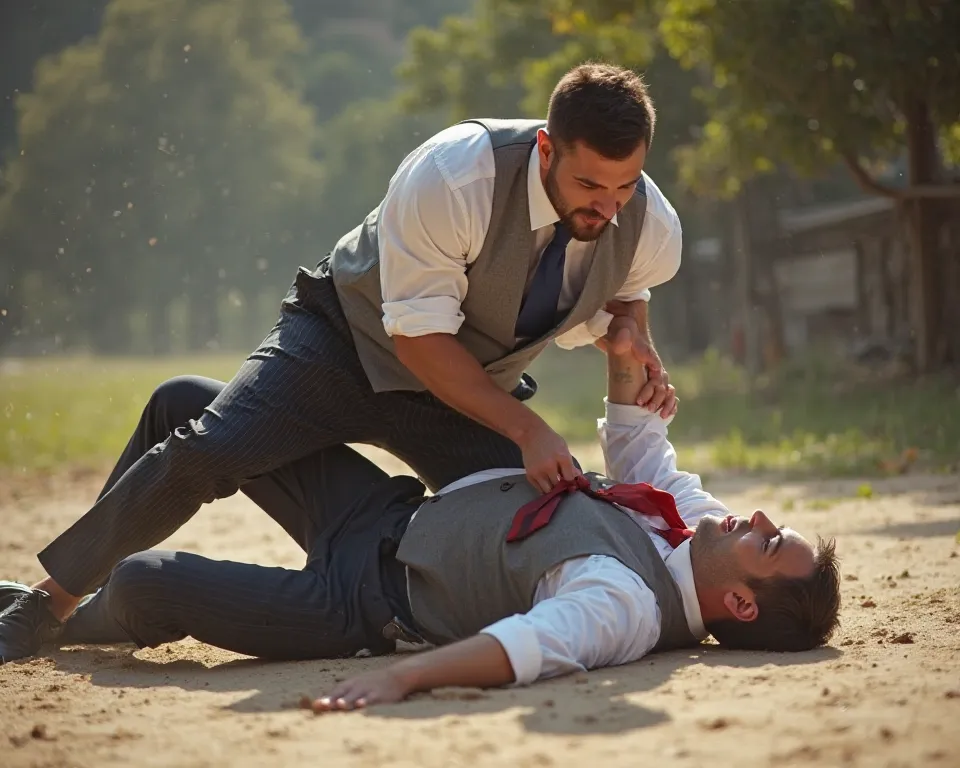 In a brawl, muscular Guy in  white shirt black pinstrip pant and  loose silk navy blue tie grey vest with satin back folded sleeves riding  over laying Mature Boss in white shirt black pant and red tie down on ground without any gap or distance and riding ...