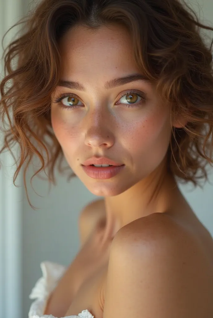  a beautiful woman ,  with light brown eyes, with short curly hair in the color brown, In the color of !
realistic white skin 