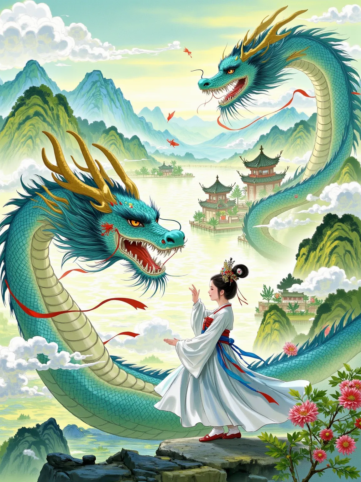 A single girl, dressed in traditional Hanfu with a color scheme of cyan, white, and red, her hair styled in a high bun adorned with elaborate jeweled hair ornaments, poses gracefully with her right hand raised. A Chinese dragon, massive in size, with metic...