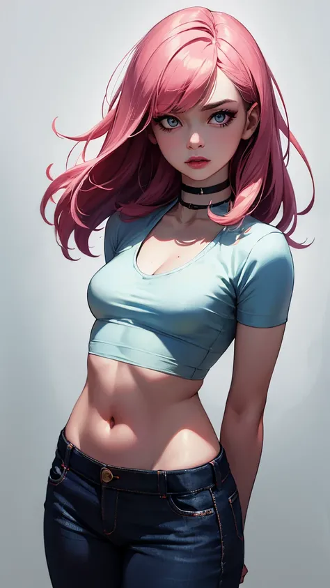 (masterpiece, best quality:1.4), official art, absurdres, vivid colors, looking at viewer, girl, asian , long pink hair, beautiful eyes, tight crop top, tight pants, choker, navel, slender, big breasts, cleavage, (arch back), small head, sharp focus, dynam...