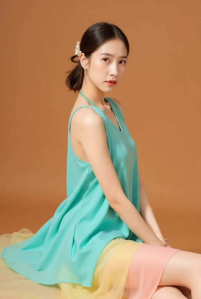 A young woman sits in a sideways position, looking towards the camera. Her hair is neatly tied back, adorned with small and delicate accessories. Her skin is smooth, and the natural light creates a soft effect on her face and body.She is wearing a turquois...