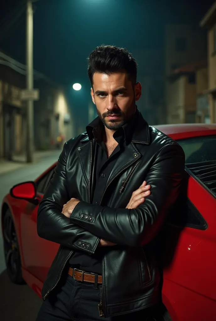 tall green-eyed white man with black tuft hair and thin black beard with a mysterious appearance and an athletic fit wearing a black leather jacket and a black blouse with folded arms leaning against a red sports car in a dark and deserted alley at night