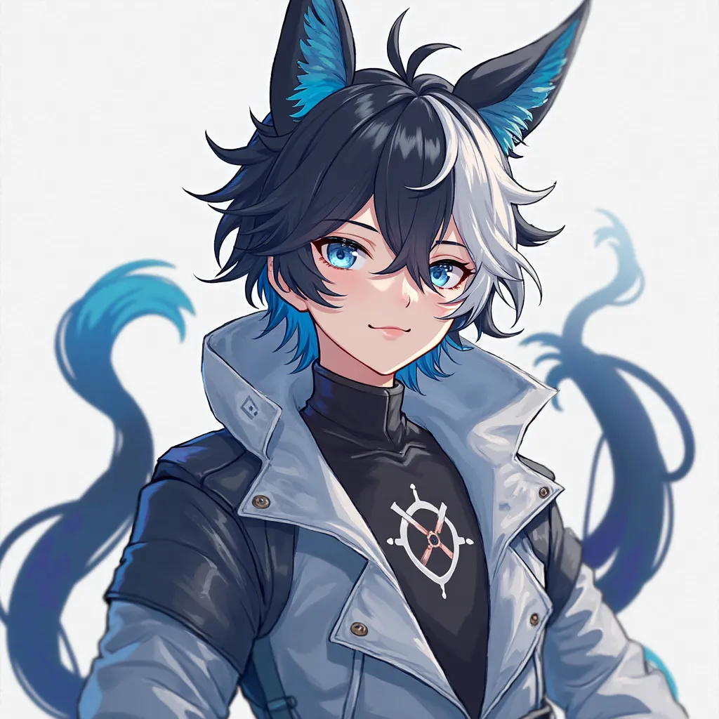 You can create a virtual character for my own vtuber and that has these specifications: black hair with two locks of hair, one white and the other blue, the same as his tail, that is handsome and that fascinates everyone and that he has different clothing ...