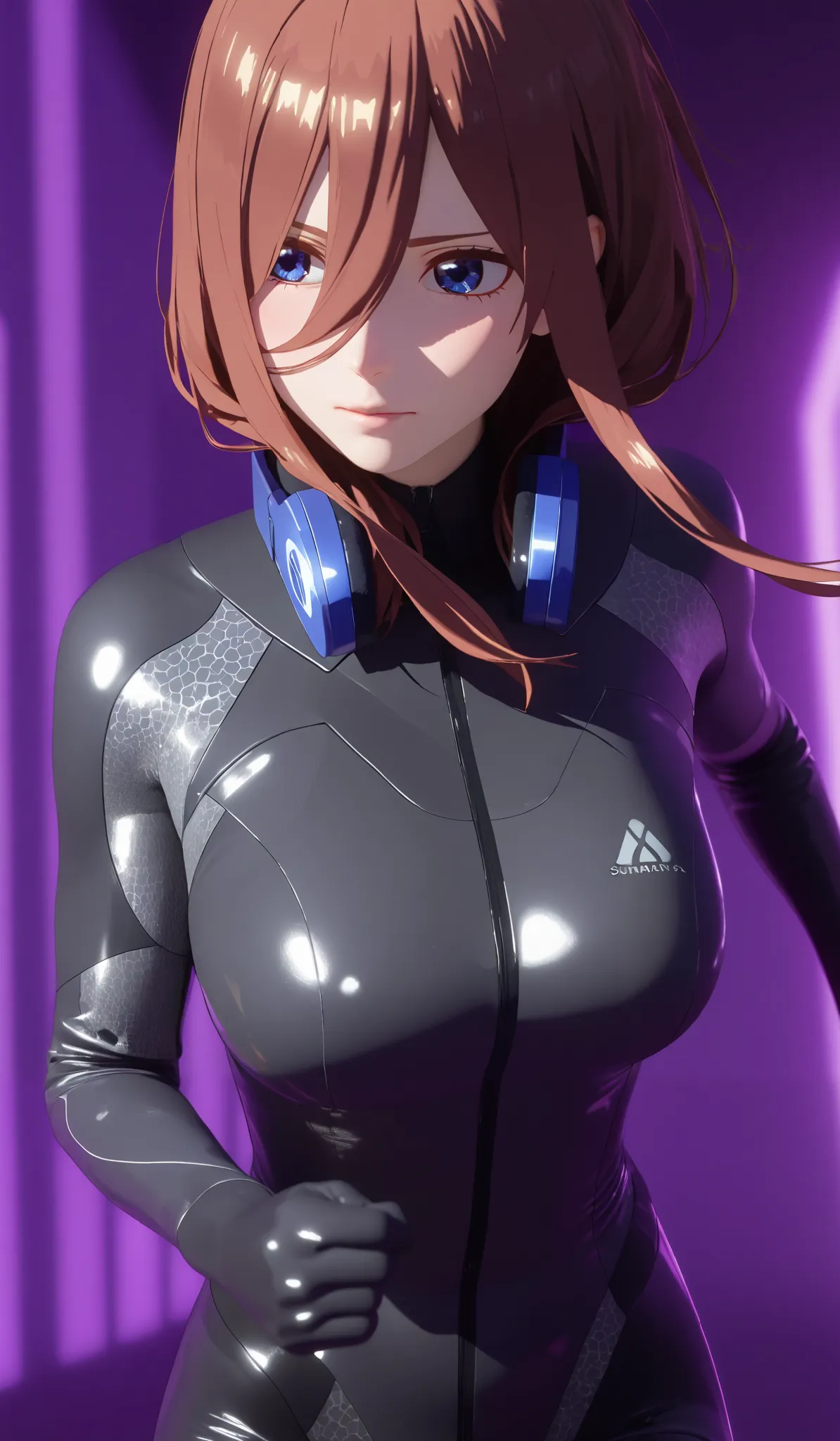 ,solo, Miku nakano, anime mix with 3d rendering, increase light and dark detailed shadows, upper body shot, focus on face,, running ,  wearing a black latex and gray rubber mixed suit Along with purple lights, cyberpunk style latex bodysuit, sunkissed , mo...