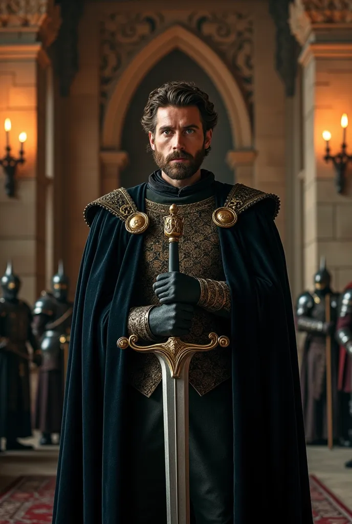 A king stands at the center of the throne room, ambas as mãos apoiadas em a espada fincada no chão. wavy brown hair, A short, well-groomed beard, Piercing Green Eyes , a expressão sábia e calma. Wearing a heavy velvet robe with gold embroidery, a dark roya...