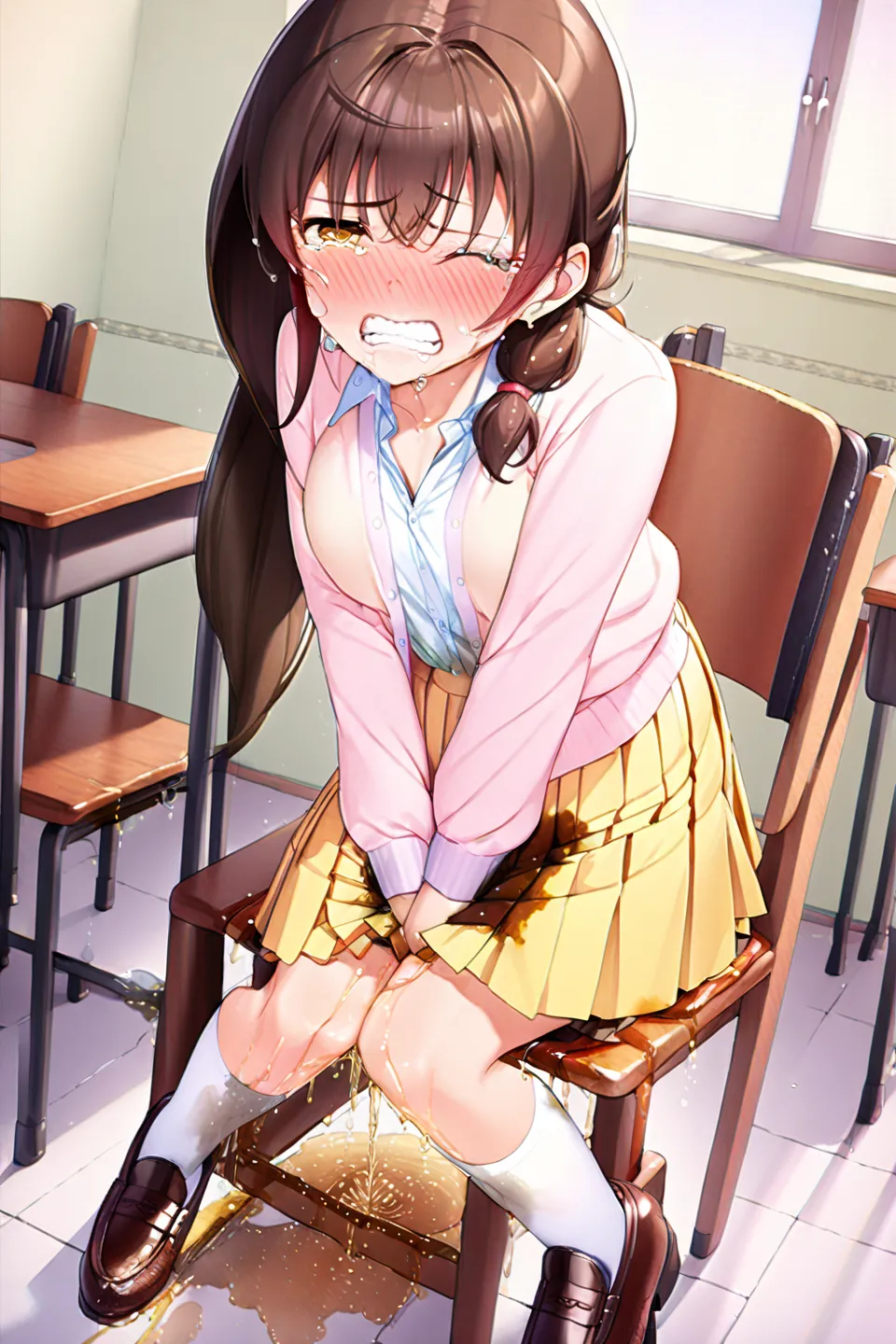 NSFW, (masterpiece, top quality, best quality, highly detailed:1.5),( anime :1.2), (anatomically correct:1.4), (full body:1.5),(close the crotch:1.5),(Sitting in a chair, Wooden Classroom Chairs:2),(leaning forward:1.5), (clutching crotch:2),(hands between...