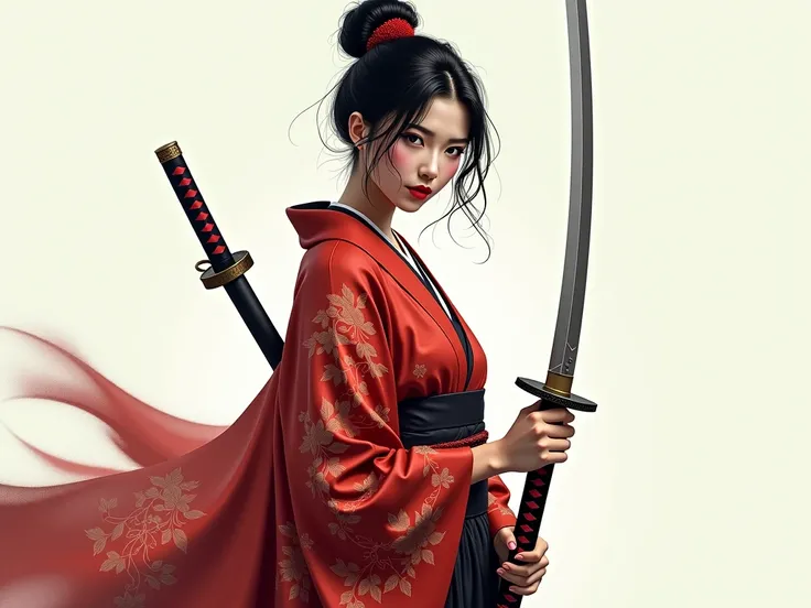 A Japanese woman in a kimono open in the front holding a katana and taking in her stunning beauty 