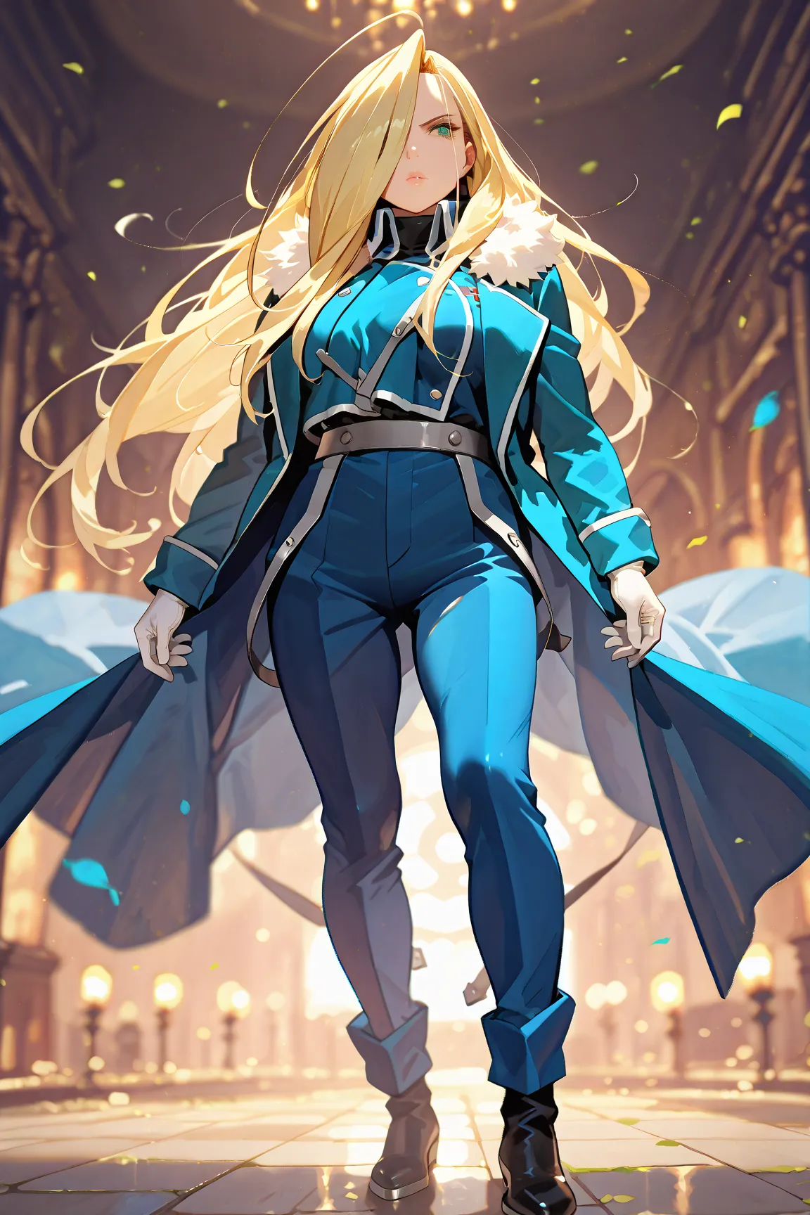 masterpiece,nfsw,  High Definition , best quality,8k,
((Olivier Mira Armstrong -Full Metal Alchemist))
,  hair over one eye, fur-trimmed coat, open coat, blue jacket, white gloves, blue pants
,
, fullbody