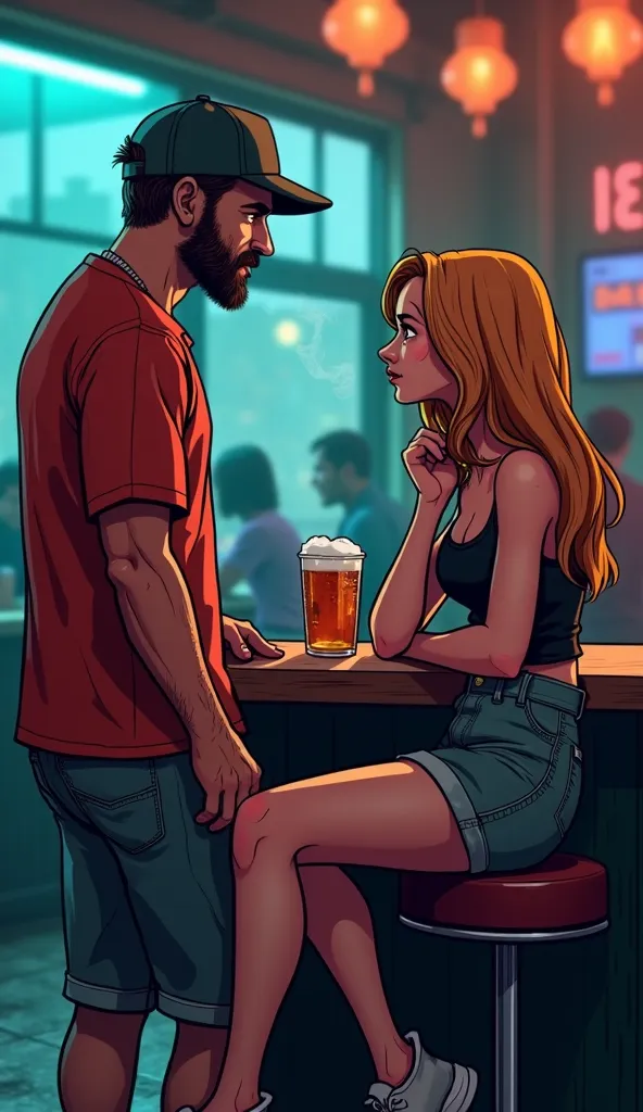 Create high-quality image, Cartoon style by GIBI, gta: Create the same man sitting at the bar drinking beer, Alone